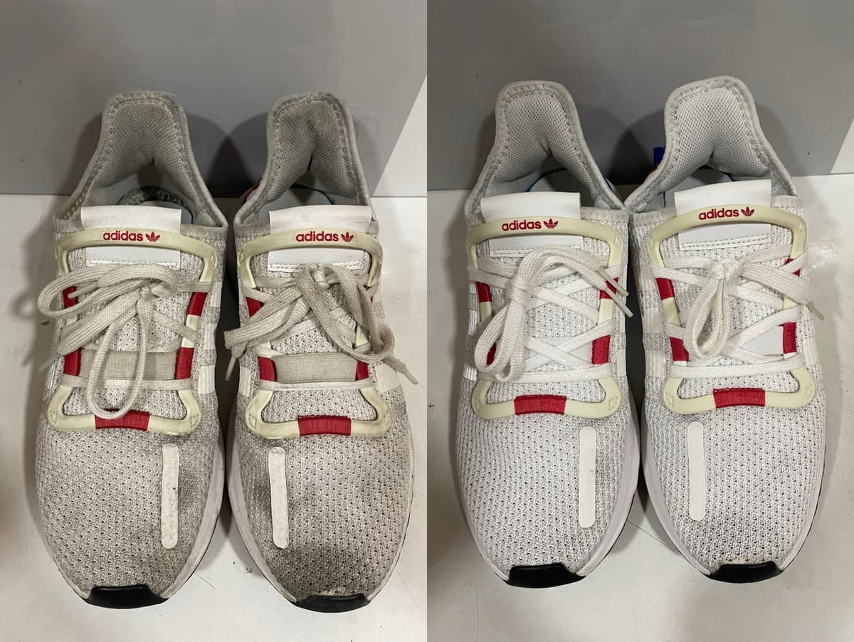 洗前洗後對照（左：洗前，右：洗後）：adidas 白灰網布運動鞋，網布鞋面整體灰黑髒汙
