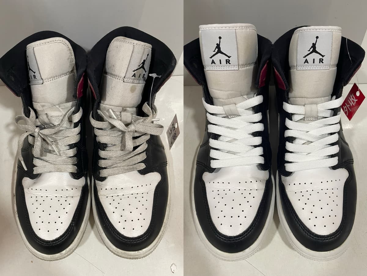 洗前洗後對照（左：洗前，右：洗後）：Air Jordan 黑白皮革高筒鞋，鞋領、鞋帶與鞋邊的髒汙