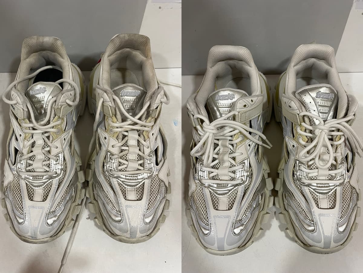 洗前洗後對照（左：洗前，右：洗後）：銀灰色厚底老爹鞋，鞋帶與網布的灰黃髒汙