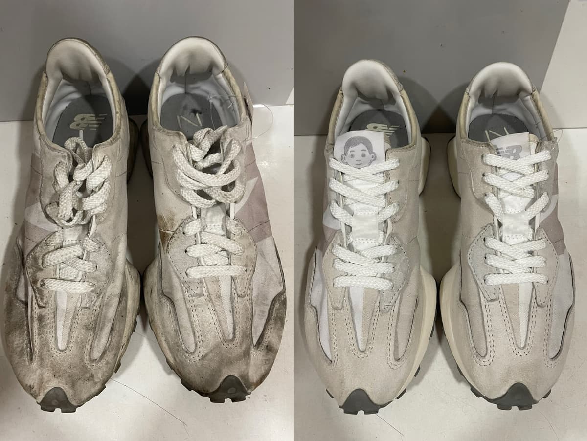 洗前洗後對照（左：洗前，右：洗後）：New Balance 灰白麂皮拼接運動鞋，鞋面與鞋邊大面積泥灰