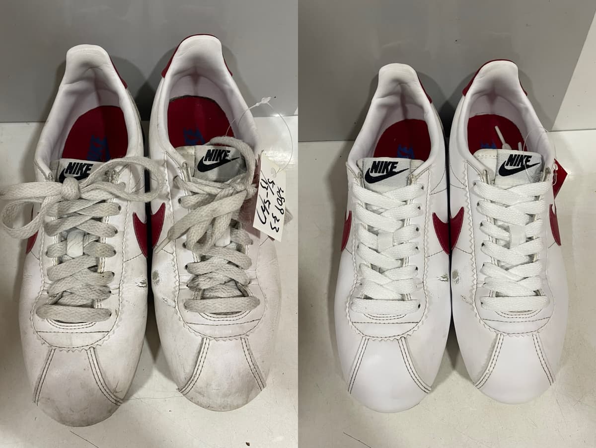洗前洗後對照（左：洗前，右：洗後）：Nike 白色皮革運動鞋（紅色勾勾），鞋頭與鞋帶發灰