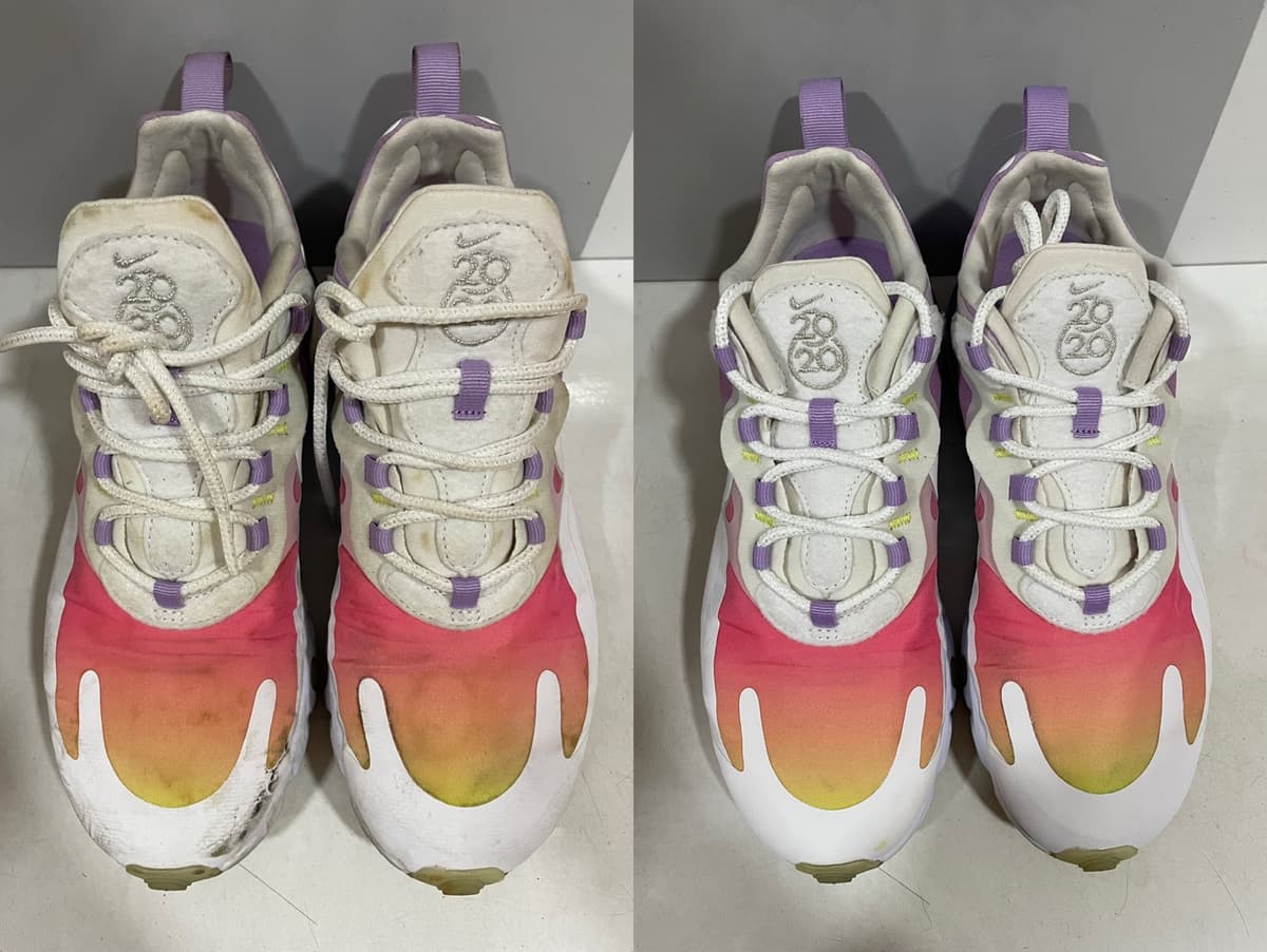 洗前洗後對照（左：洗前，右：洗後）：Nike 粉黃漸層氣墊運動鞋，鞋舌泛黃、鞋邊黑色髒汙