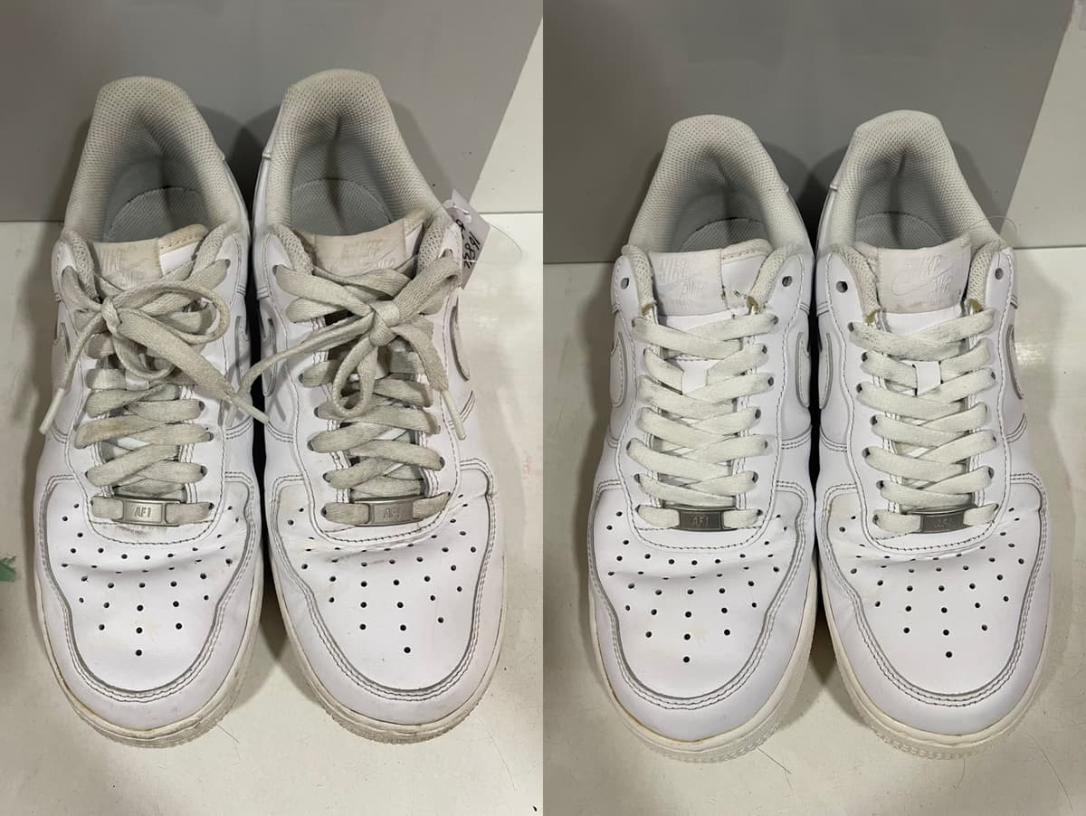 洗前洗後對照（左：洗前，右：洗後）：Nike 全白皮革低筒鞋，鞋帶與鞋邊泛黃