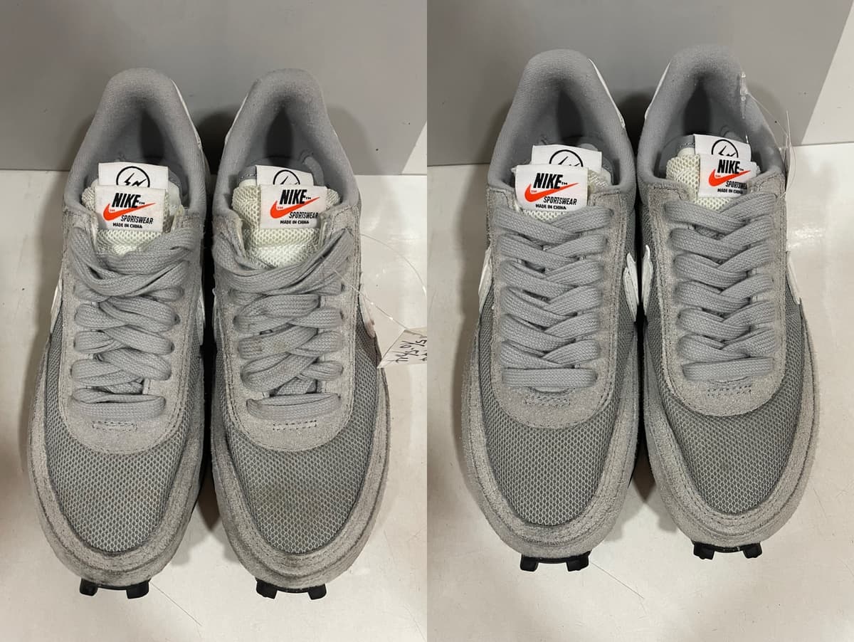 洗前洗後對照（左：洗前，右：洗後）：Nike 灰色麂皮網布拼接運動鞋，鞋頭網布的深色髒汙