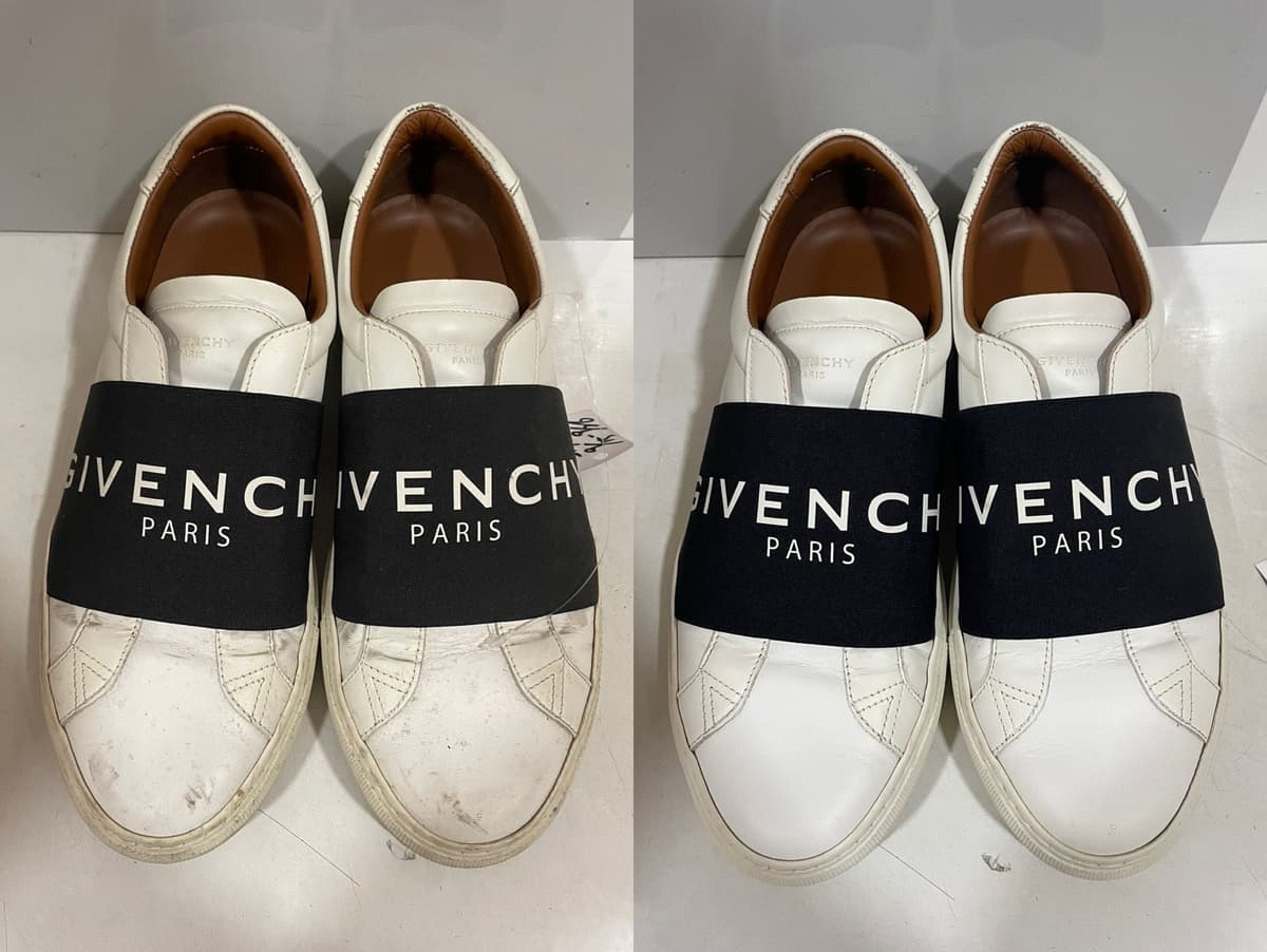 洗前洗後對照（左：洗前，右：洗後）：Givenchy 白色皮革鬆緊帶休閒鞋，皮革鞋面與鞋邊的黃灰髒汙