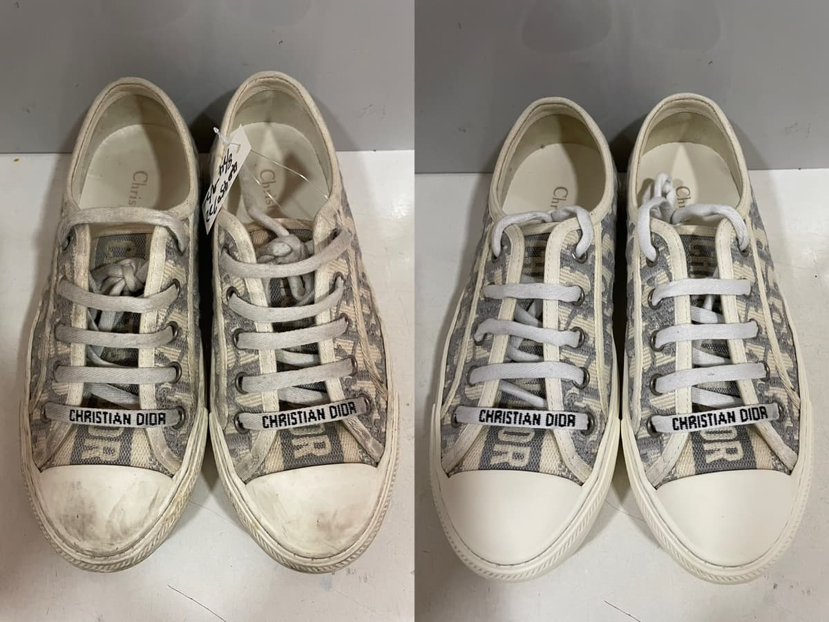 洗前洗後對照（左：洗前，右：洗後）：Christian Dior 印花帆布低筒鞋，鞋頭橡膠與帆布鞋面的髒汙