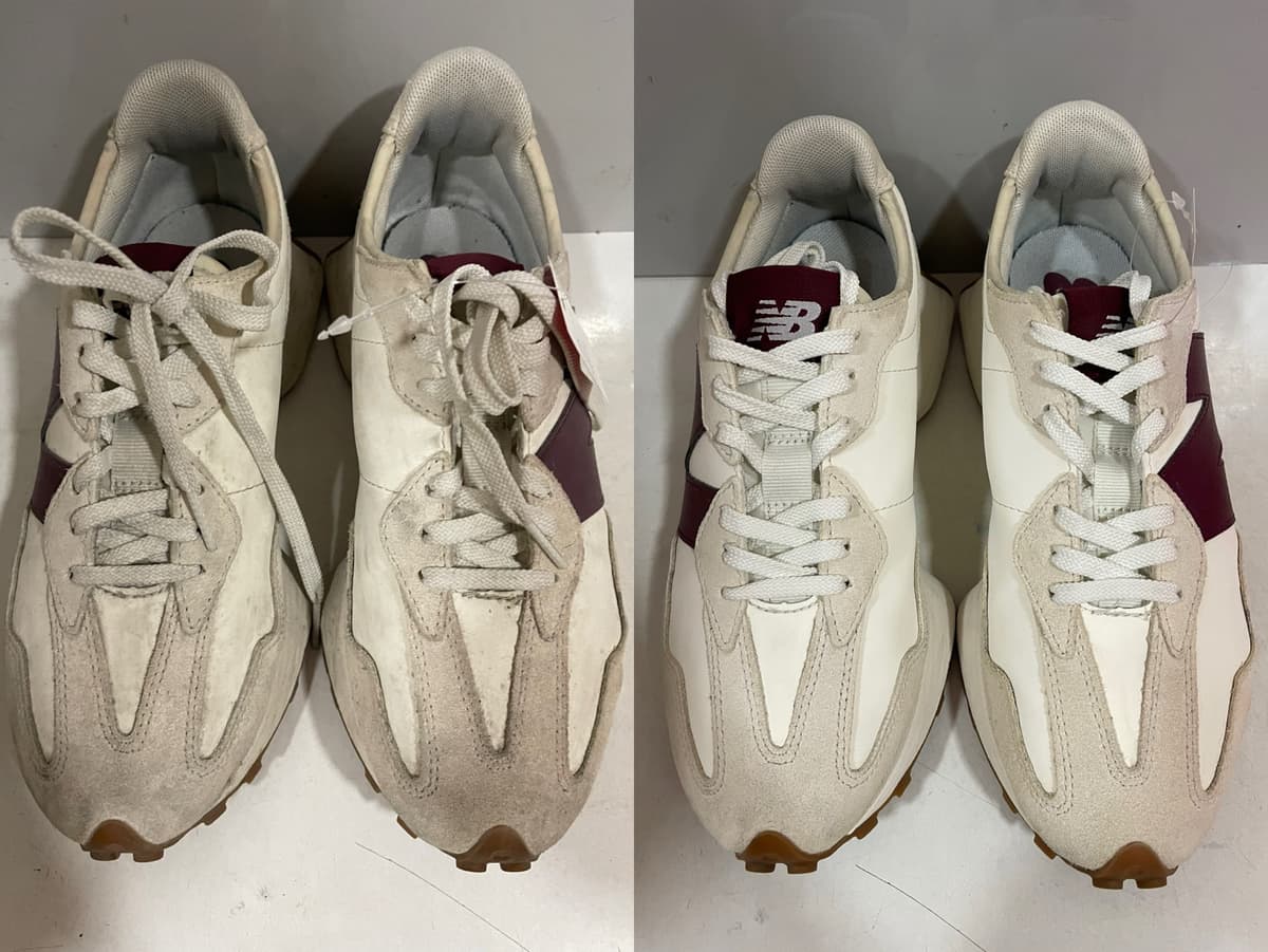 洗前洗後對照（左：洗前，右：洗後）：New Balance 米白酒紅麂皮拼接運動鞋，麂皮與鞋邊的灰黃髒汙