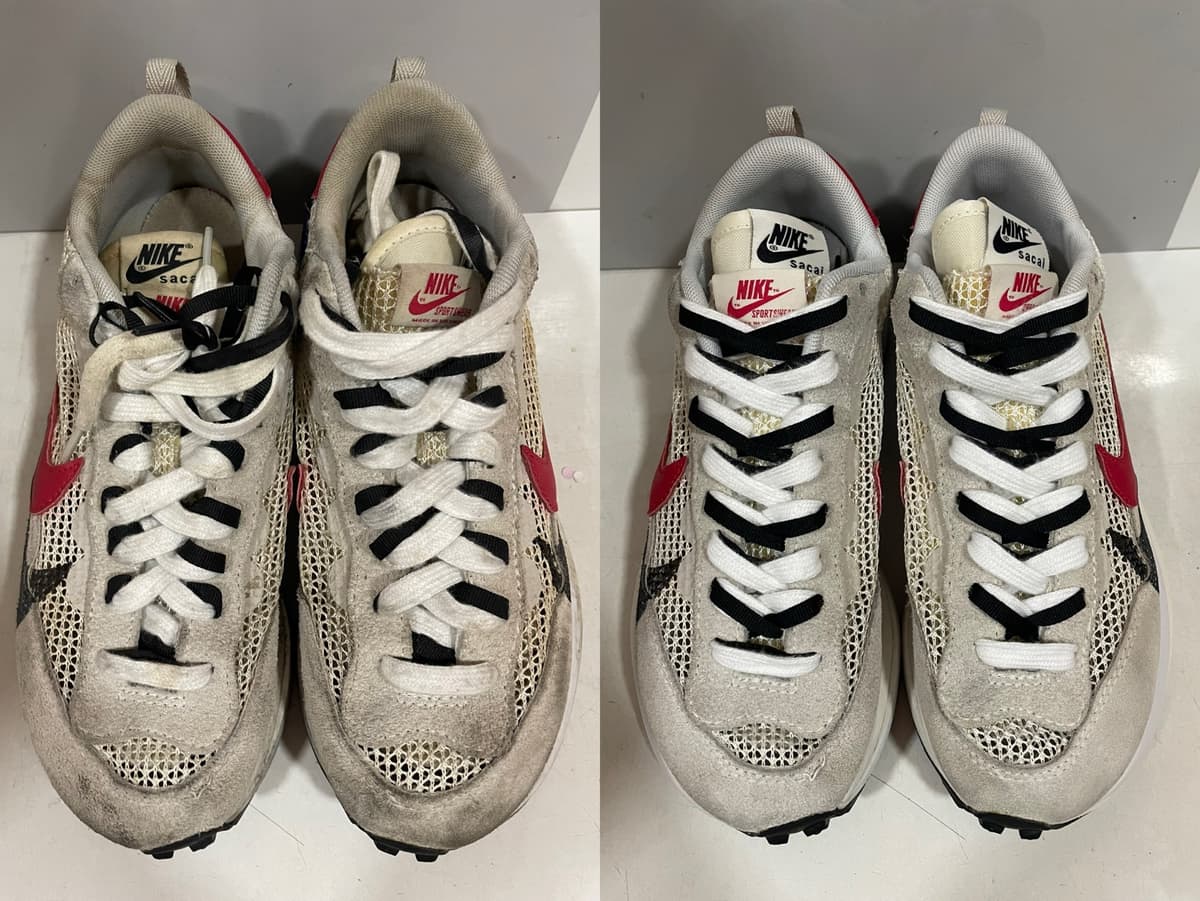 洗前洗後對照（左：洗前，右：洗後）：Nike × sacai 網布麂皮拼接運動鞋，網布與麂皮整體泛黃髒汙