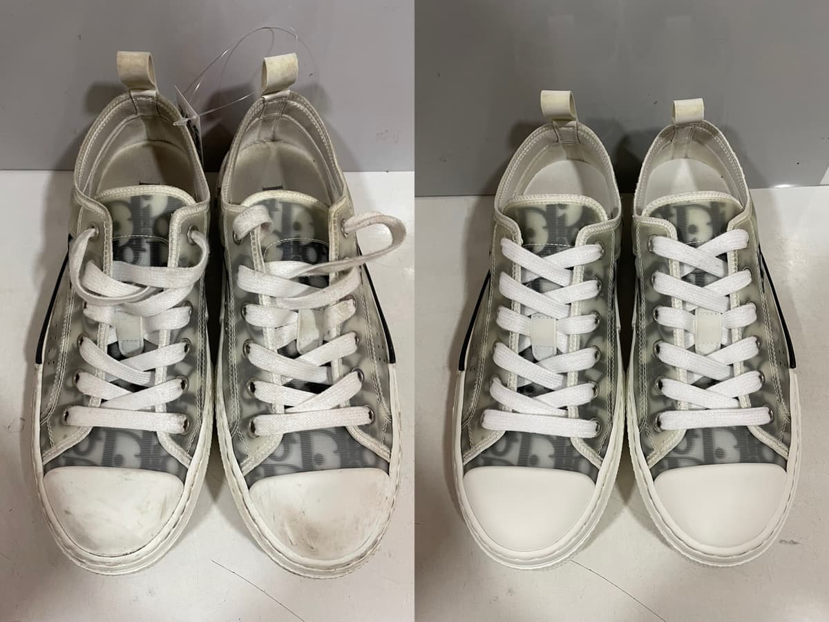 洗前洗後對照（左：洗前，右：洗後）：Dior 印花透明鞋面低筒鞋，鞋頭與鞋邊的灰黑髒汙