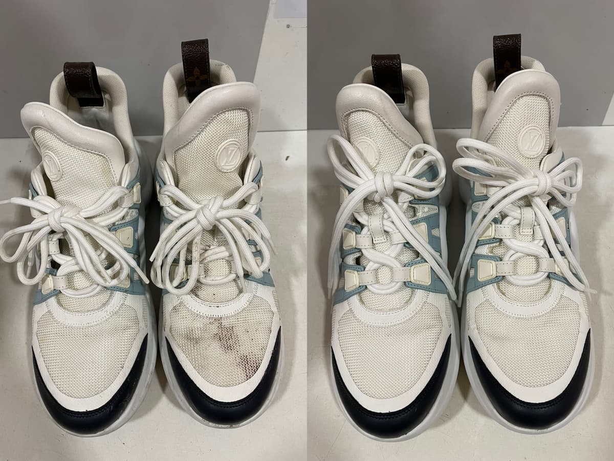 洗前洗後對照（左：洗前，右：洗後）：Louis Vuitton 白色老爹鞋，鞋頭網布上的深色汙漬